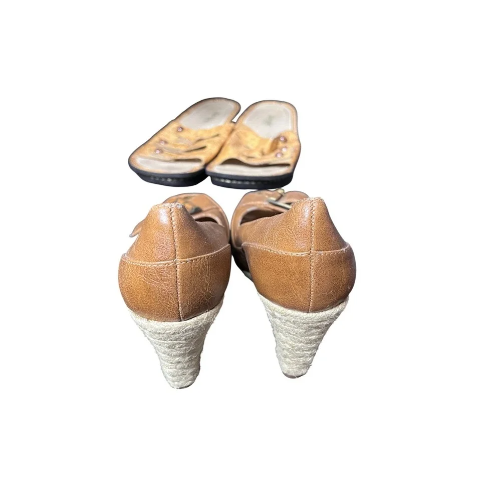 A2 by Aerosoles Farewell Tan Wedge Espadrille Peep Toe Buckle Pumps Womens 8.5 M